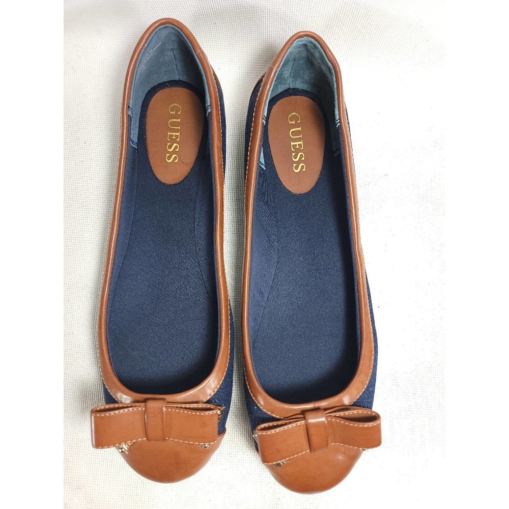 Guess Ballet Flat Navy Blue Denim with Faux Leather Brown Bow (Womens Size 9M)